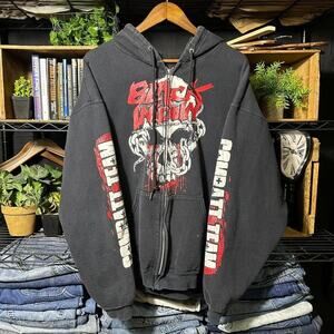 Vintage Y2K Black Widown Grunge Skull Zip Up Hoodie Mens XL Black Sweatshirt